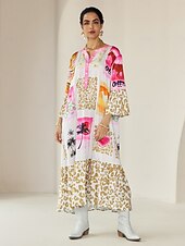 abordables robe décontractée imprimée-Robe longue décontractée à col ras du cou et à boutons en satin imprimé léopard