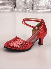 tanie Buty do tańców latynoskich-damskie srebrne, brokatowe buty do tańca latynoskiego z paskiem na kostce, idealne do występów towarzyskich