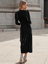 abordables Robe noire-robe noire en velours pour femme, robe longue froncée, unie, col en V, manches longues, coupe ajustée, printemps automne, noir
