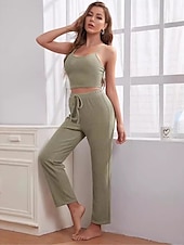 billige Nattøy for damer-kvinners loungewear sett 3 stykker ren farge tilfeldig komfort hjemme komfort stropper stropp topp bukselomme høst vinter hjemmeantrekk