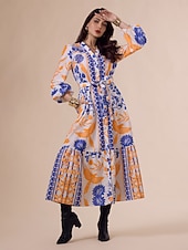 Vestido largo bohemio con escote en V, mangas farol y cinturón botánico abordables vestido casual estampado-Vestido largo bohemio con escote en V, mangas farol y cinturón botánico