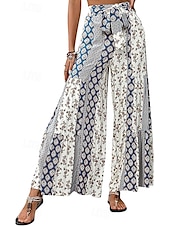 baratos perna larga e cintura alta-Mulheres Calças Moda Roupa de rua Comprimento total Cintura Alta Côr Sólida Bloco de cor Bolsos Com Laço Conforto Respirabilidade Macio Micro-Elástica Férias Rua Diário Adamascado Preto Vermelho Azul