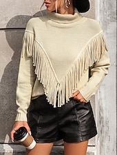 Women's Sweater Pullover Sweater Jumper Casual Sweater Casual Soft Solid Color Ribbed V Neck Tassel Knitted Long Sleeve Regular Tops Knit Outdoor Daily Weekend Blue Khaki Fall Winter 12