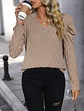 cheap T-shirts-Women&#039;s Blouse Elegant Vintage Stylish Long Sleeve V Neck Work Daily Khaki Spring Fall Winter