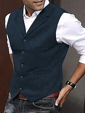 cheap Men&#039;s Vest-Men&#039;s Vest Gilet Wedding Event / Party Daily Fashion Business Spring &amp;  Fall Buttons Pocket Polyester Comfortable Solid Color Single Breasted One-button Lapel Regular Fit Black Light Brown Green Army