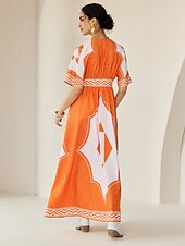 economico abito casual stampato-abito lungo da vacanza in stile bohémien con stampa geometrica e scollo a V