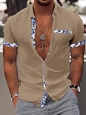 cheap Vacation-Men&#039;s Shirt Linen Shirt Summer Shirt Beach Wear Casual Shirt Button Up Shirt Color Block Vacation Curise Black White Pink Navy Blue Short Sleeve Lapel Summer Clothing Apparel Patchwork