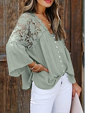 cheap Lace Tops-Women&#039;s White Elegant Lace Tops Eyelet Blouse Stylish Modern Lace Bell Sleeve 3/4 Length Sleeve V Neck Work Daily Black White Purple Green Spring Fall