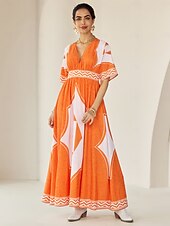 economico abito casual stampato-abito lungo da vacanza in stile bohémien con stampa geometrica e scollo a V