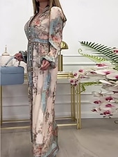 abordables Robes Bohémiennes-Femme Robe Maxi Robe vintage Robe casual robe boheme Elégant mode Décontractées du quotidien Ample Graphic manche longue Col V Bleu clair Printemps Automne