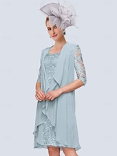 cheap With Jacket-Two Piece Sheath Mother of the Bride Dress Elegant Jewel Neck Knee Length Chiffon Lace Half Sleeve Wrap Included Jacket Dresses with Lace free custom size
