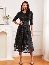 abordables robe longue noire-robe noire Robe unie Femme Robe mi-longue Maille Plein Air Rendez-vous Décontractées Col Ras du Cou Manches 3/4 Ample Noir S M L XL 2XL