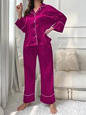 voordelige Nachtkleding voor dames-dames pyjama sets pure kleur mode comfort thuis dagelijks bed imitatie zijde zijde ademend revers lange mouw shirt broek knoop zak herfst thuis outfits