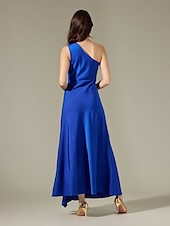 baratos vestido de festa-vestido longo azul cetim sem mangas com babados e um ombro só