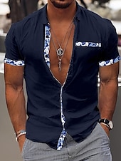 cheap Vacation-Men&#039;s Shirt Linen Shirt Summer Shirt Beach Wear Casual Shirt Button Up Shirt Color Block Vacation Curise Black White Pink Navy Blue Short Sleeve Lapel Summer Clothing Apparel Patchwork