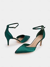 cheap Semi-Formal-Women&#039;s Emerald Green Satin Ankle Strap Heels - Elegant Pointed-Toe Stiletto for Parties, Weddings, and Special Occasions
