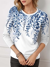 tanie koszulka w kwiaty-Kobiec T-shirt tunika moda casual nadruk długi rękaw regularne topy dekolt zaokrąglony codzienny czarny biały niebieski fioletowy zielony wiosna jesień