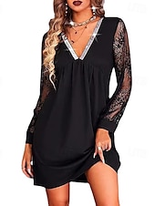 abordables Robe noire-robe noire femme dentelle maille patchwork sequin mini robe unie col en V manches longues printemps automne noir