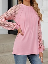 cheap Lace Tops-Women&#039;s White Elegant Lace Tops Eyelet Blouse Fashion Casual Lace Mesh Long Sleeve Regular Tops Crew Neck Daily Romantic Petite Tops Summer Holiday Wear Black White Pink Blue Summer Spring Fall