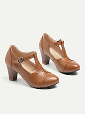 billige Pumps med blokkhæl-Dame Høye hæler Høyhælte Pen sko Mary Jane Store størrelser Avslappet Daglig Helfarge Ensfarget Spenne Tykk hæl Årgang Retro Rød Fritid Gange PU Lær PU T-stropp Svart Gul Rød