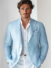 billiga Herrarnas Elite Ytterkläder-Herr Kavajjacka Bröllop Årsdag Fest Sommar Vår 100% Linne Linne Ensfärgat Enkelknäppt med Ett Knapphål Blazer Vit Marinblå Blå Beige