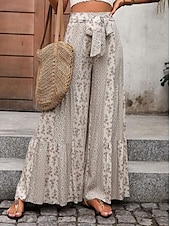 baratos perna larga e cintura alta-Mulheres Calças Moda Roupa de rua Comprimento total Cintura Alta Côr Sólida Bloco de cor Bolsos Com Laço Conforto Respirabilidade Macio Micro-Elástica Férias Rua Diário Adamascado Preto Vermelho Azul