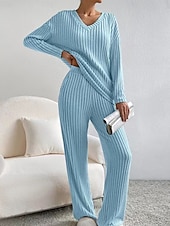 cheap Pajama-setter-Women&#039;s Loungewear Pajama Set Simple Home V Neck Long Sleeve Pullover Pant Spring Fall Black Blue Home Outfits