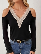 economico Top in Pizzo-camicetta da donna elegante moderna con taglio a maniche lunghe regolare top scollo a V lavoro quotidiano nero bianco primavera autunno