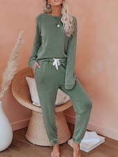 billiga Sovkläder till damer-pyjamasset för kvinnor ren färg mode grundläggande komfort hem daglig säng andas rund hals långärmad byxficka resår midja höst vinter hem outfits