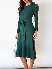 preiswerte Strickkleider-Damen Pullover Kleid Modisch elegante kleider Feste Farbe Gerippt Rundhalsausschnitt Strick Langarm Normale Oberteile Stricken Arbeit Täglich Schwarz Grün Herbst Winter