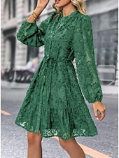 economico vestito nero midi-Per donna Abito semplice Vestito longuette Pizzo Pulsante Vintage Informale Colletto Manica lunga Nero Bianco Verde Colore