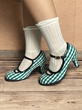 levne 50. léta 20. století-Dámské Podpatky Retro Mary-jane Práce Denní Pléd Barevné bloky Přezky Vysoký úzký Oblá špička Elegantní Vinobraní PU Látka Spona Černobílá bílá a zelená Červená