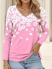 ieftine tricou floral-Tricou tunică pentru femei modă casual imprimeu mânecă lungă topuri obișnuite guler în V zilnic roz albastru violet portocaliu primăvară toamnă