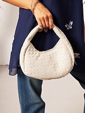 cheap Handbag &amp; Totes-Elegant Women&#039;s Ivory Woven Leather Hobo Bag – Chic Round Handle Purse Perfect for Day to Night Outfits