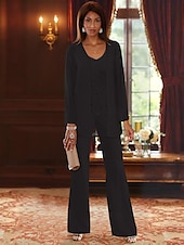 voordelige Broekpakken van mama-Strand Bruiloft Jumpsuit  Broekpak 3-delig Moeder van de Bruid Formele Bruiloft Gast Elegante V-Hals Vloerlengte Chiffon Kant Lange Mouw Jas met Apliques 2025