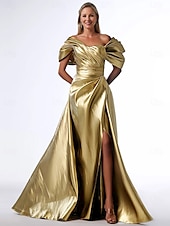 cheap YELLOW-A-Line Evening Gown Elegant Dress Formal Floor Length Short Sleeve Square Neck Pocket Satin with Pleats