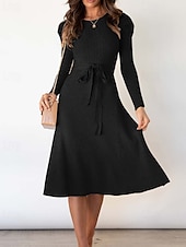 preiswerte Strickkleider-Damen Pullover Kleid Modisch elegante kleider Feste Farbe Gerippt Rundhalsausschnitt Strick Langarm Normale Oberteile Stricken Arbeit Täglich Schwarz Grün Herbst Winter