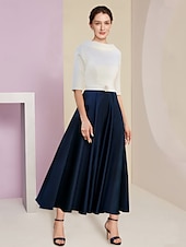 economico Mom&#039;s Dress Sets-Beach Wedding A-Line Mother of the Bride Dress Wedding Guest Elegant Vintage Jewel Neck Tea Length Charmeuse Half Sleeve with Pleats Crystals free custom size