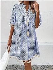 halpa Tulosta kukkamekot-Naisten Boho-mekko Rantamekko Rantavaatteet Pitkä mekko Maxi mekko Tupsu Painettu Muoti Vapaa-aika Geometrinen V kaula-aukko Puolihiha Normaali istuvuus Päivittäin Loma Sininen Mintun vihreä 2023