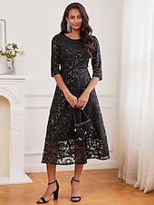 abordables robe longue noire-robe noire Robe unie Femme Robe mi-longue Maille Plein Air Rendez-vous Décontractées Col Ras du Cou Manches 3/4 Ample Noir S M L XL 2XL