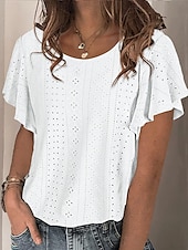 abordables Hauts en dentelle-Tops en dentelle élégants pour femmes Blouse en œillets blanche stylée décontractée unie à manches courtes à col crew régulières quotidienne romantiques tailles petites à porter pendant les vacances