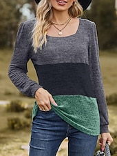 abordables T-shirt rayé et géométrique-t-shirt femme mode moderne décontracté imprimé manches longues régulier hauts col carré quotidien week-end vert gris automne hiver