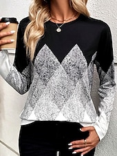 abordables Camiseta a rayas y geométrica-Camiseta de mujer con estampado casual, manga larga, cuello redondo, uso diario, color negro, primavera y otoño