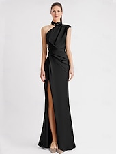 cheap YELLOW-Sheath Evening Gown Elegant Dress Formal Floor Length Sleeveless One Shoulder Pocket Satin with Appliques dress to impress