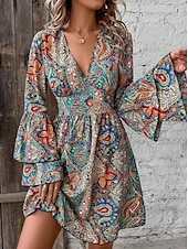 levne Boho šaty-Dámské Mini šaty Volnočasové šaty Boho šaty Elegantní Rozšířený rukáv Dovolená Denní Rande Volný Grafika Dlouhý rukáv Do V Colourful Jaro Podzim