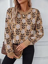 billige Grafiske mønstre og detaljer-Dame Genser Fritid Blomstret Grafisk Crew-hals Crewneck Langermet Lange topper Strikke Arbeid Kakifarget Høst Vinter