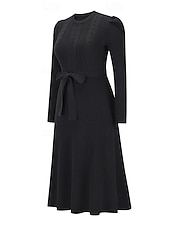 preiswerte Strickkleider-Damen Pullover Kleid Modisch elegante kleider Feste Farbe Gerippt Rundhalsausschnitt Strick Langarm Normale Oberteile Stricken Arbeit Täglich Schwarz Grün Herbst Winter