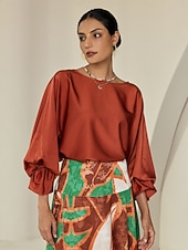 preiswerte Hemden, Tops und Blusen-Satinbraune Juliet-Bluse mit Puffärmeln und Rundhalsausschnitt