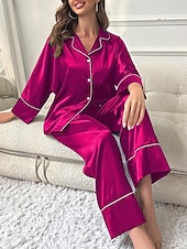 voordelige Nachtkleding voor dames-dames pyjama sets pure kleur mode comfort thuis dagelijks bed imitatie zijde zijde ademend revers lange mouw shirt broek knoop zak herfst thuis outfits
