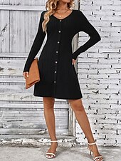billige svart mini kjole-kvinners liten svart kjole en linje kjole mote arbeidsmote lang kjole maxikjole knapp v-hals langermet vanlig vanlig passform svart rosa grønn vår høst s m l xl 2xl